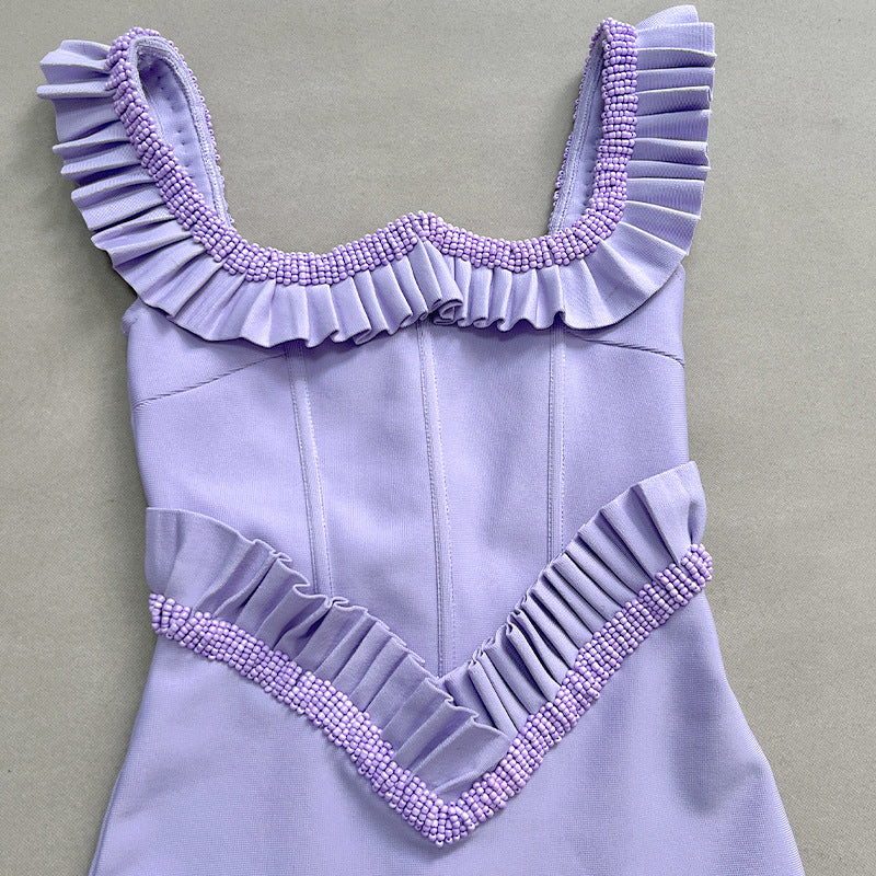 Hermosa Pearl Embellished Square Neck Ruffle Bodycon Maxi Dress - Purple Avalabel