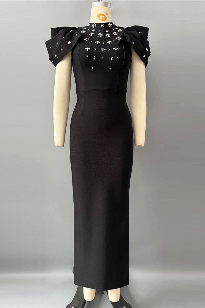 Roxanne Crystal-Embellished Crepe Bodycon Gown in Black