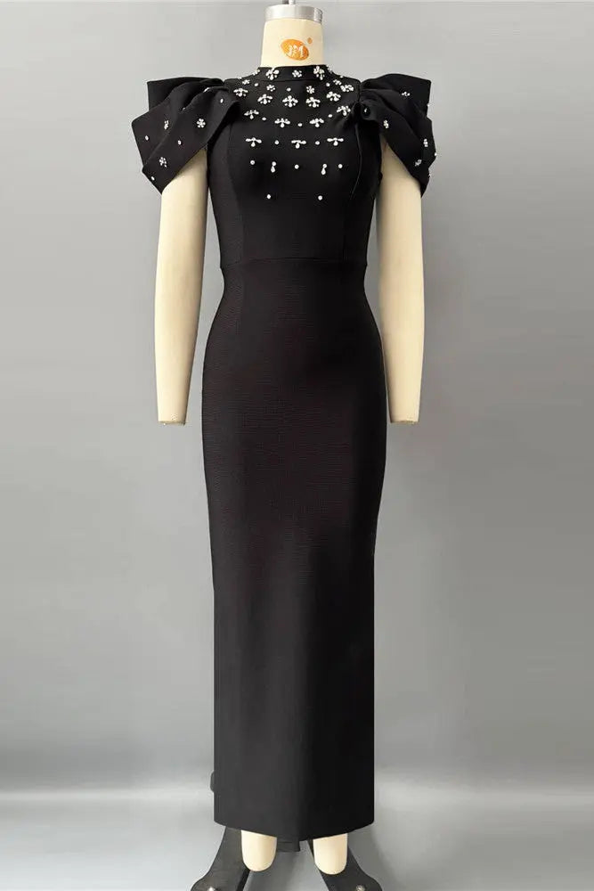 Roxanne Crystal-Embellished Crepe Bodycon Gown in Black Avalabel
