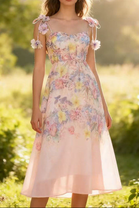 Pastel Floral Print Spaghetti Strap Midi Dress with 3D Flower Appliqués Avalabel