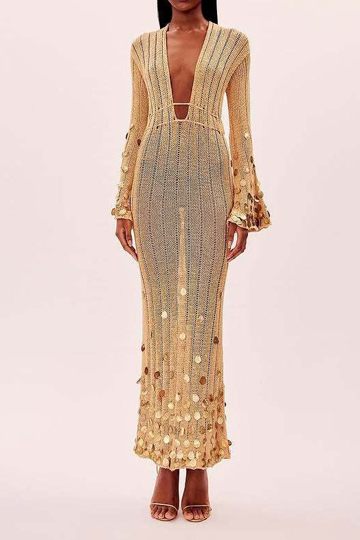 elma Golden Aura v-neck Knitted maxi Dress Avalabel