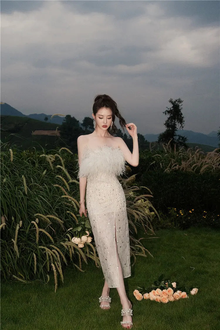 Masa White Haute Couture Feather Sequin Dress Avalabel