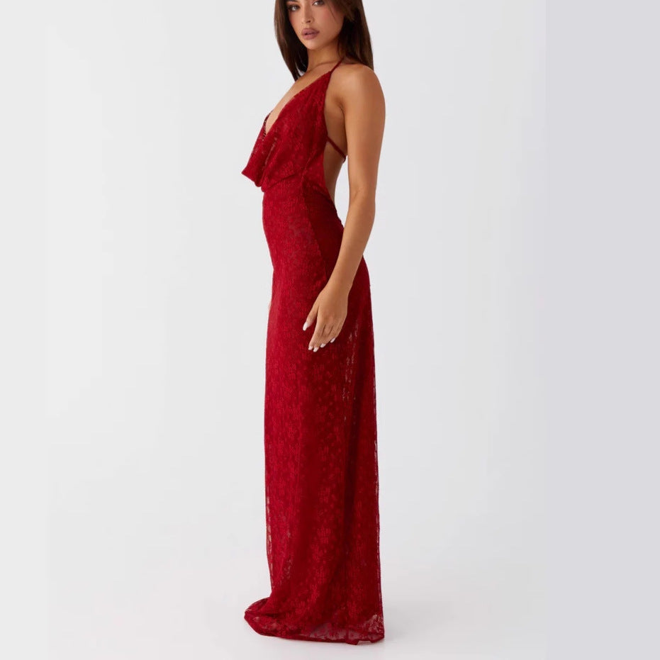 Lace-up Long Dress with Open Back and Spaghetti Straps - Red Avalabel
