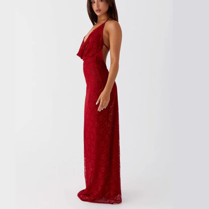 Lace-up Long Dress with Open Back and Spaghetti Straps - Red