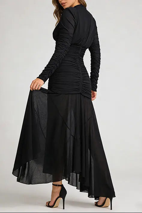 josephine v-neck ruched long-sleeve maxi dress in black Avalabel