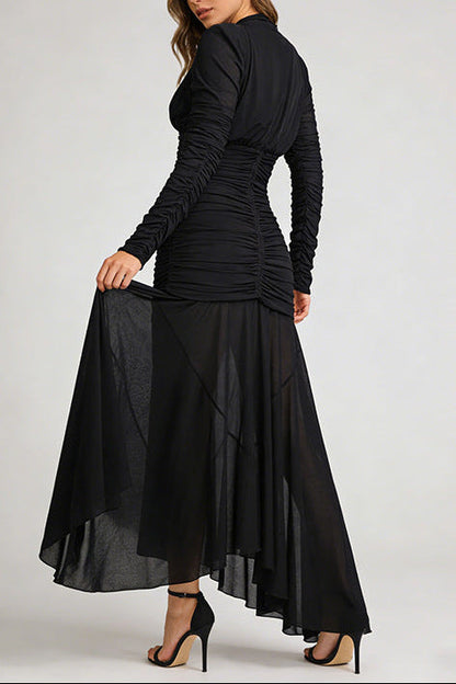 josephine v-neck ruched long-sleeve maxi dress in black