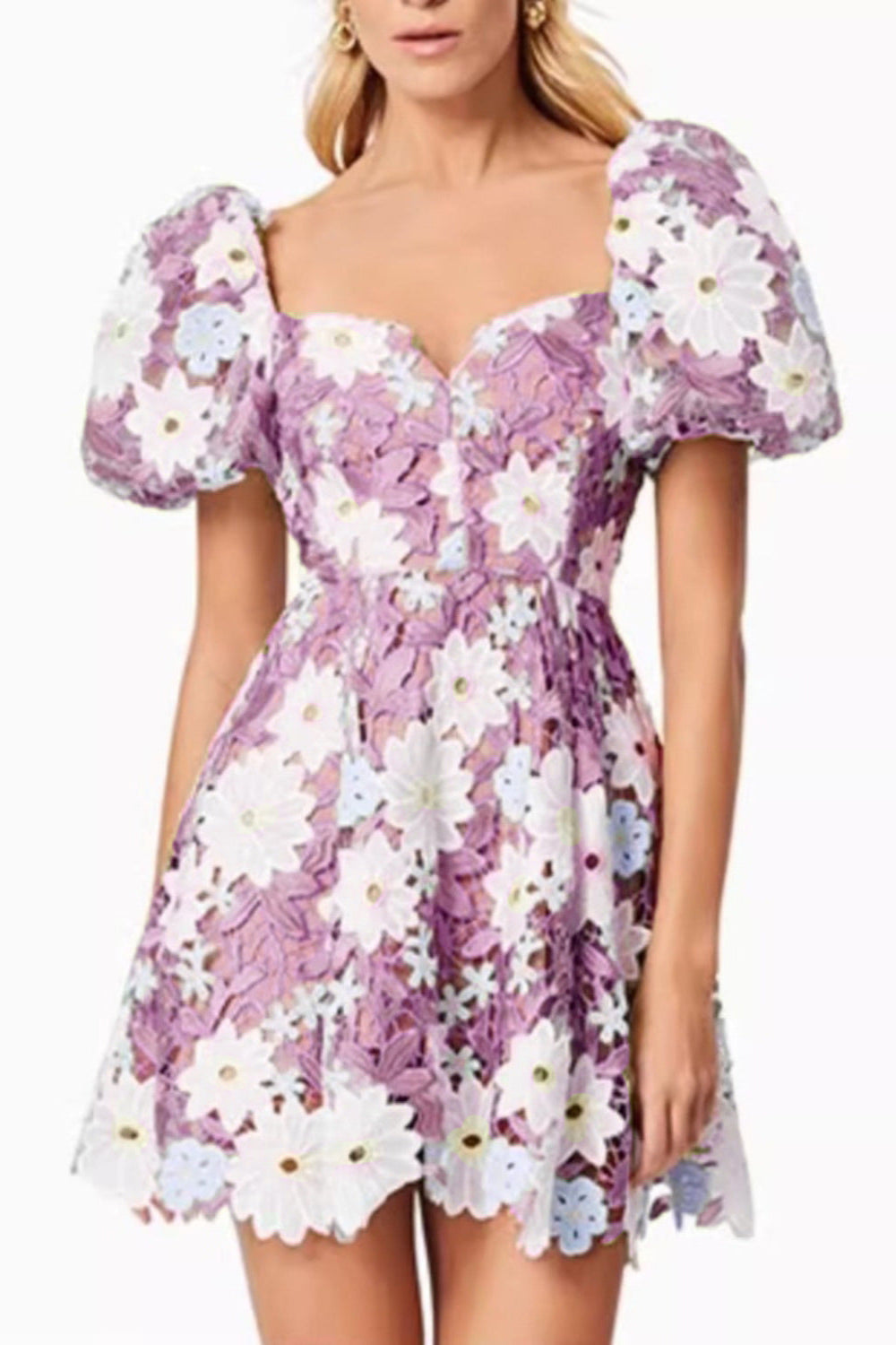 Winifred Hollow Hook Lace Mini Dress in Purple Avalabel