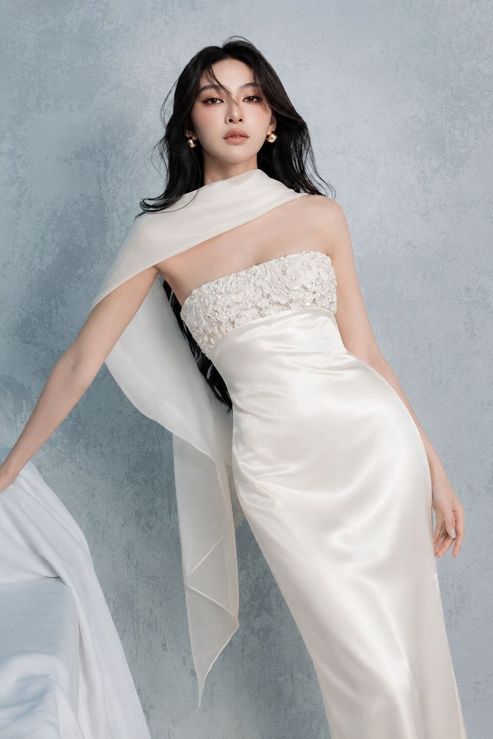 Sylvia Rhinestone Embellish Strapless Satin Maxi Dress  - White Avalabel