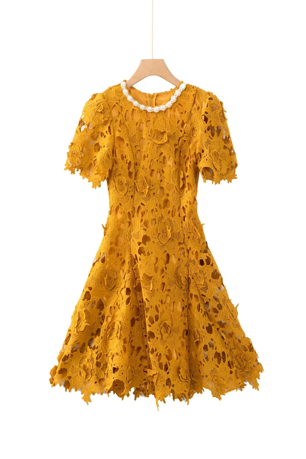 Sylvia Orange Beaded Hollow Crochet Mini Dress