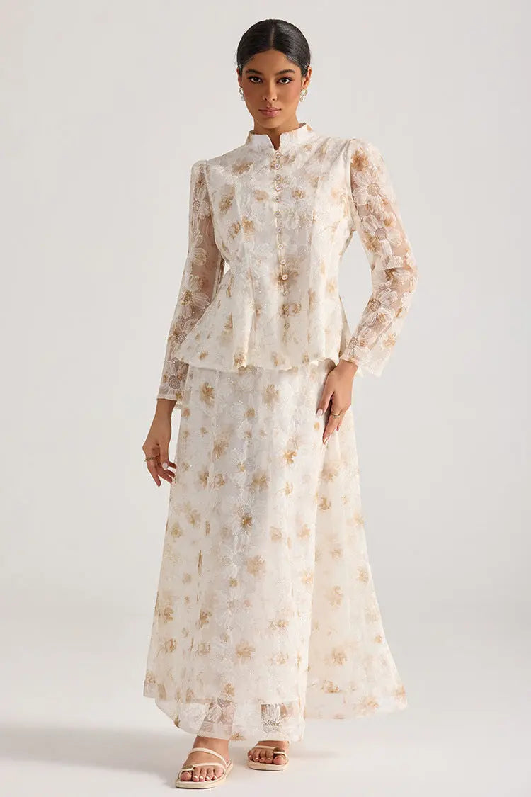 Rebecca Yellow Floral Embroidered Long-Sleeve Top Skirt Set Avalabel