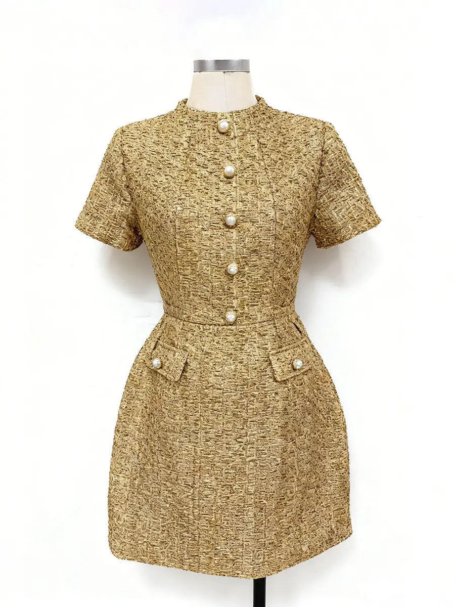 tiffany pearl-embellished tweed mini dress in gold Avalabel