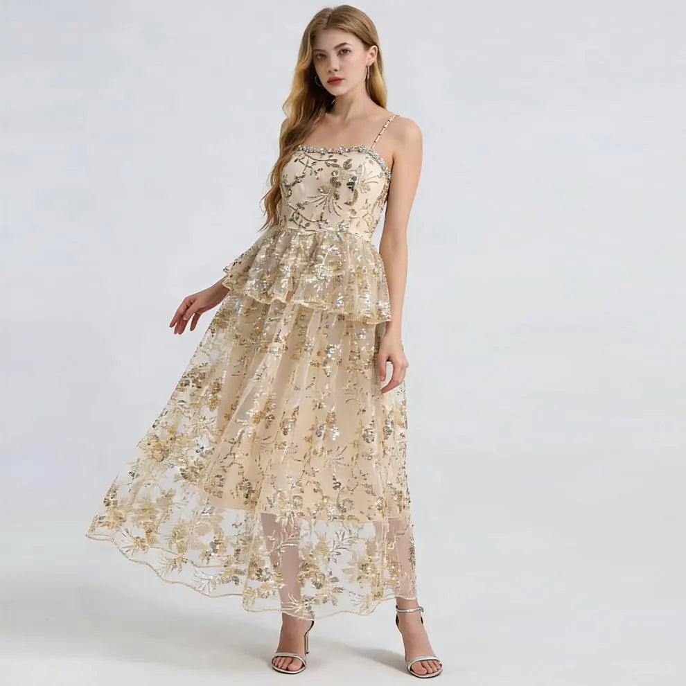 Ashley Gold Rhinestone Sequin Embroidery Layer Maxi Dress Avalabel