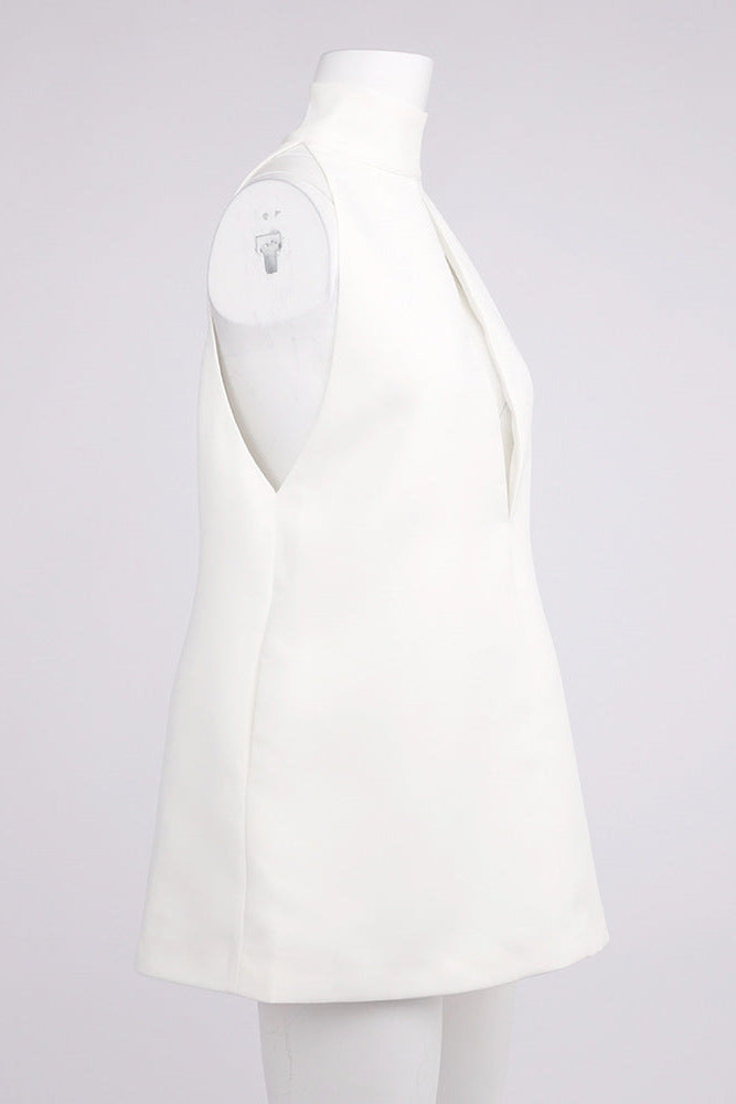 V-Neck Cutout Backless Crepe Halter Dress - White Avalabel
