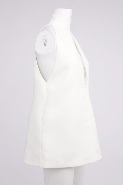 V-Neck Cutout Backless Crepe Halter Dress - White