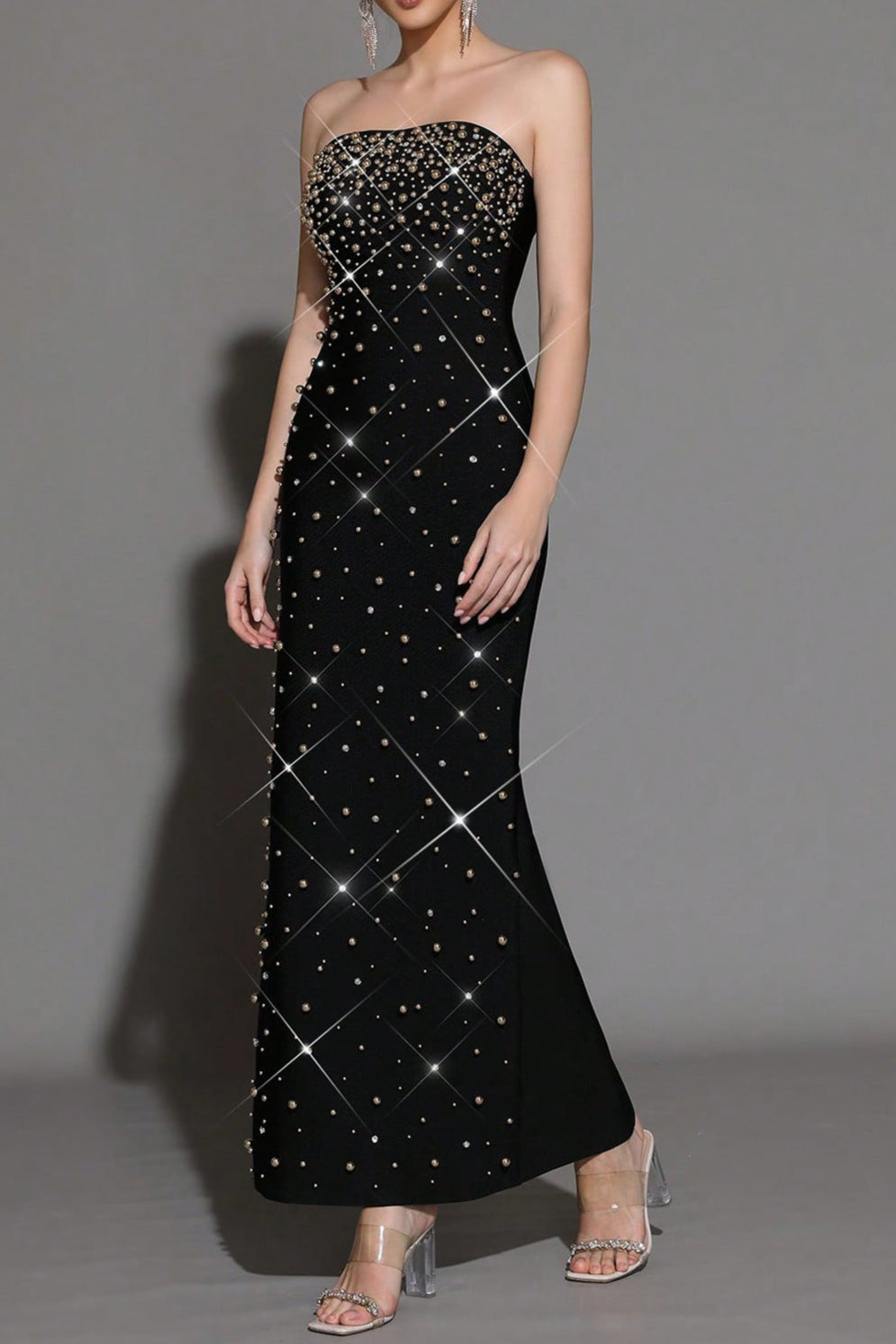 Pearl Rhinestone Beaded Strapless Black Maxi Dress Avalabel