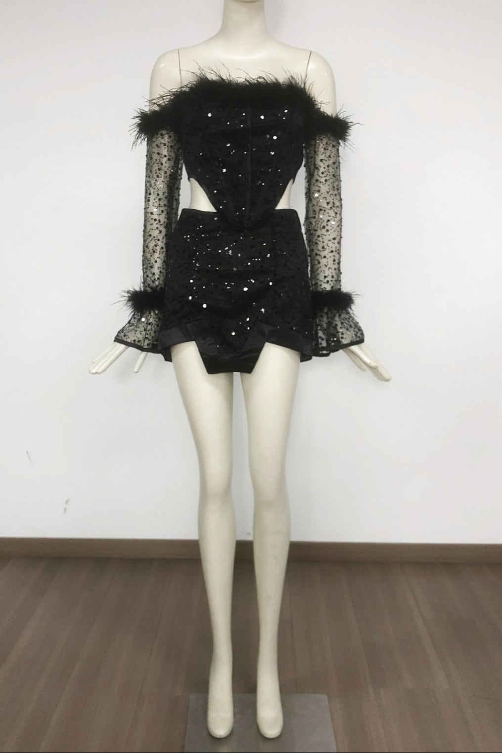 Black Off-Shoulder Top Short Mesh Skirt Set Avalabel