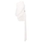 Off-Shoulder Single-Sleeve Pleated Bodycon Ribbon Mini Dress - White Avalabel