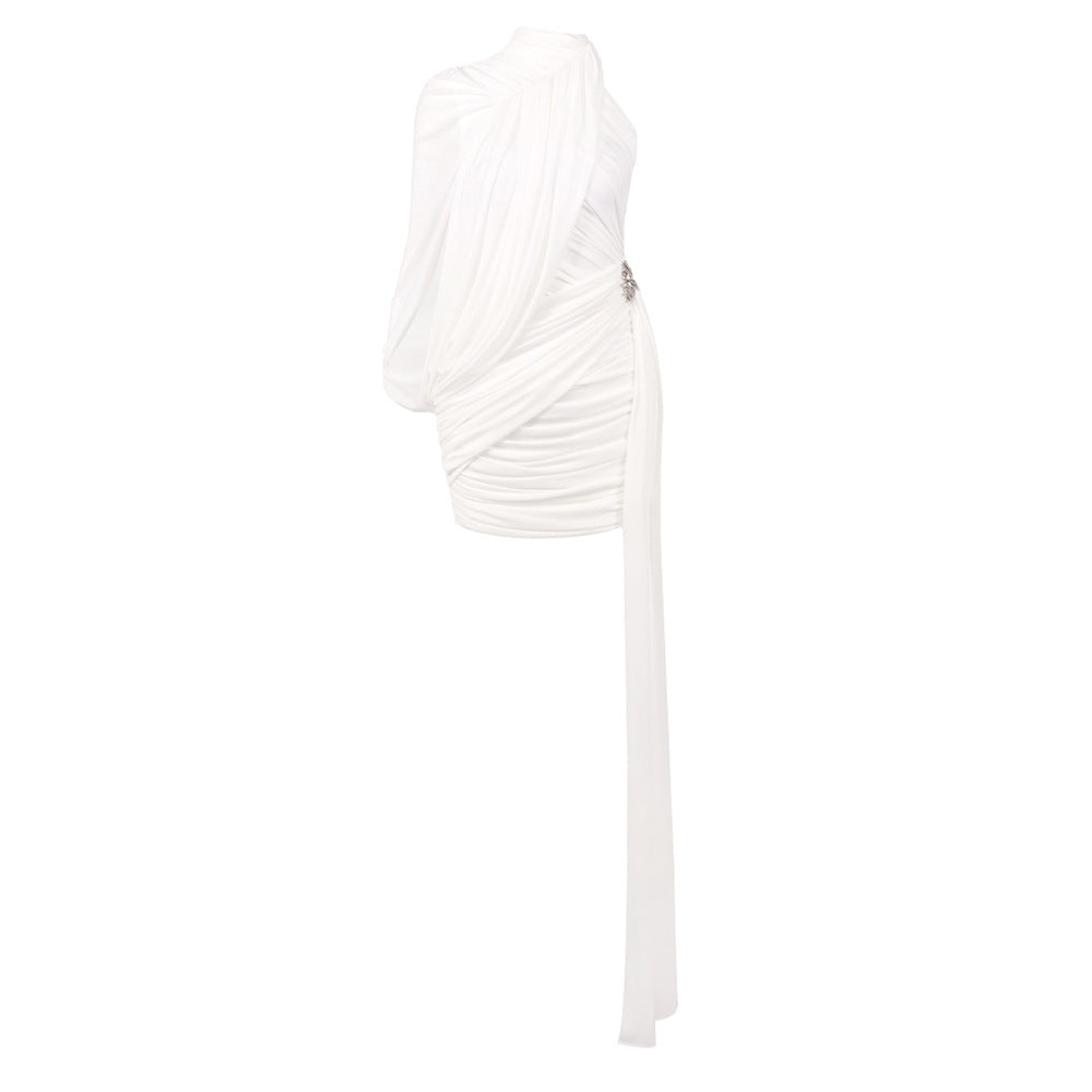 Off-Shoulder Single-Sleeve Pleated Bodycon Ribbon Mini Dress - White Avalabel