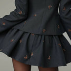 adora dark grey Butterfly Embroidered blazer mini skirt Set Avalabel