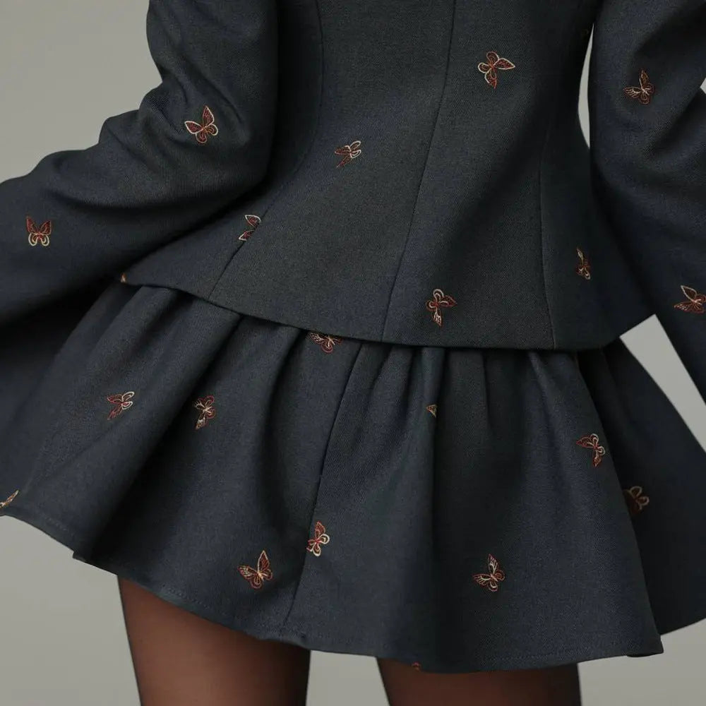 adora dark grey Butterfly Embroidered blazer mini skirt Set Avalabel