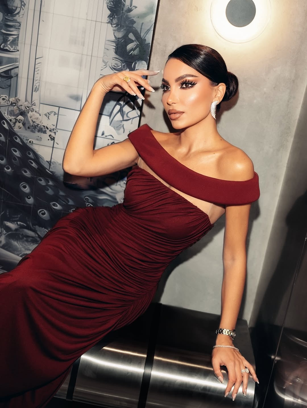 Lola Burgundy Off-Shoulder Asymmetrical-Draped High Slit Maxi Dress Avalabel
