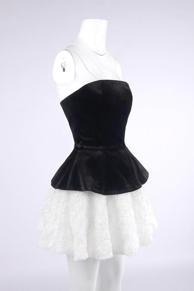 Petal-Layered Velvet Top Mini Skirt Suit Without Glove - Black/White Avalabel
