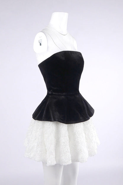 Petal-Layered Velvet Top Mini Skirt Suit Without Glove - Black/White