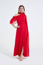Tammy Tailored One-Shoulder Detachable Collar Maxi Dress in Red Avalabel