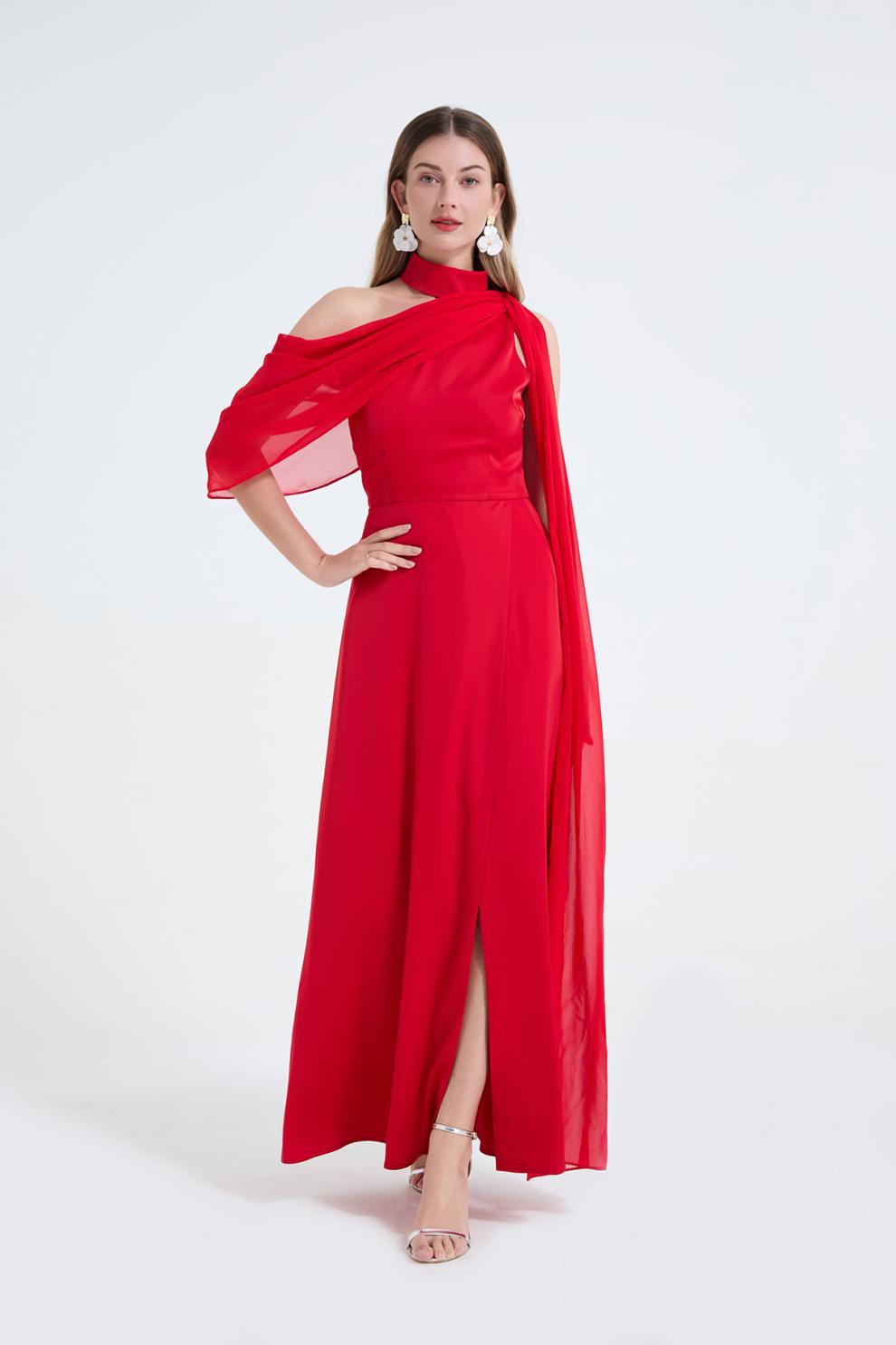 Tammy Tailored One-Shoulder Detachable Collar Maxi Dress in Red Avalabel