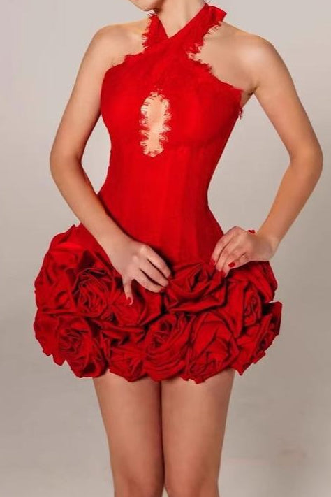 louise Halter Neck Flower Bandage Mini Dress in red Avalabel