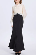 Carlin Balloon Sleeve Ruched Tie Up Midi Dress - White & Black Avalabel