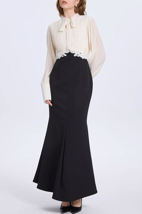 Carlin Balloon Sleeve Ruched Tie Up Midi Dress - White & Black Avalabel