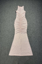 Hollow Mesh Rhinestone Sleeveless Maxi Dress in Pink Avalabel