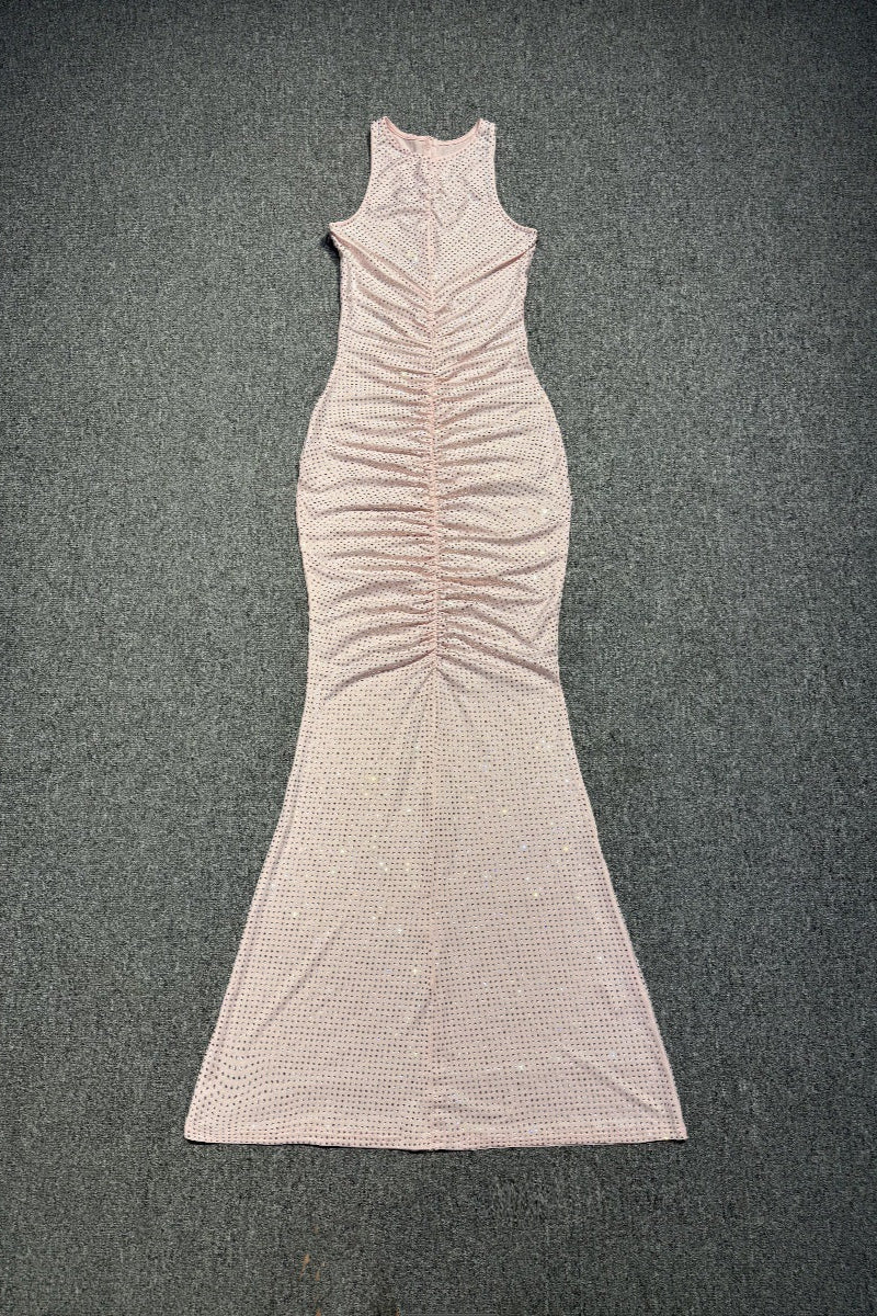 Hollow Mesh Rhinestone Sleeveless Maxi Dress in Pink Avalabel