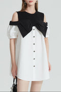 Evelyn Off-Shoulder Contrast Bow Mini Dress Avalabel