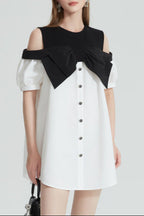 Evelyn Off-Shoulder Contrast Bow Mini Dress Avalabel