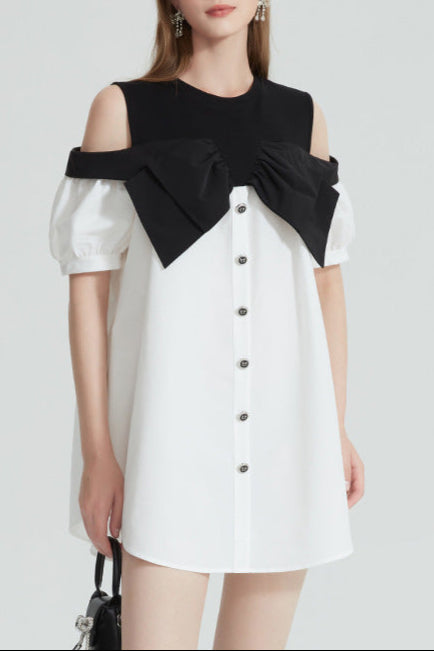 Evelyn Off-Shoulder Contrast Bow Mini Dress Avalabel