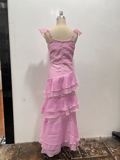 Lucy Chiffon Ruffle Layered Midi Dress in Pink