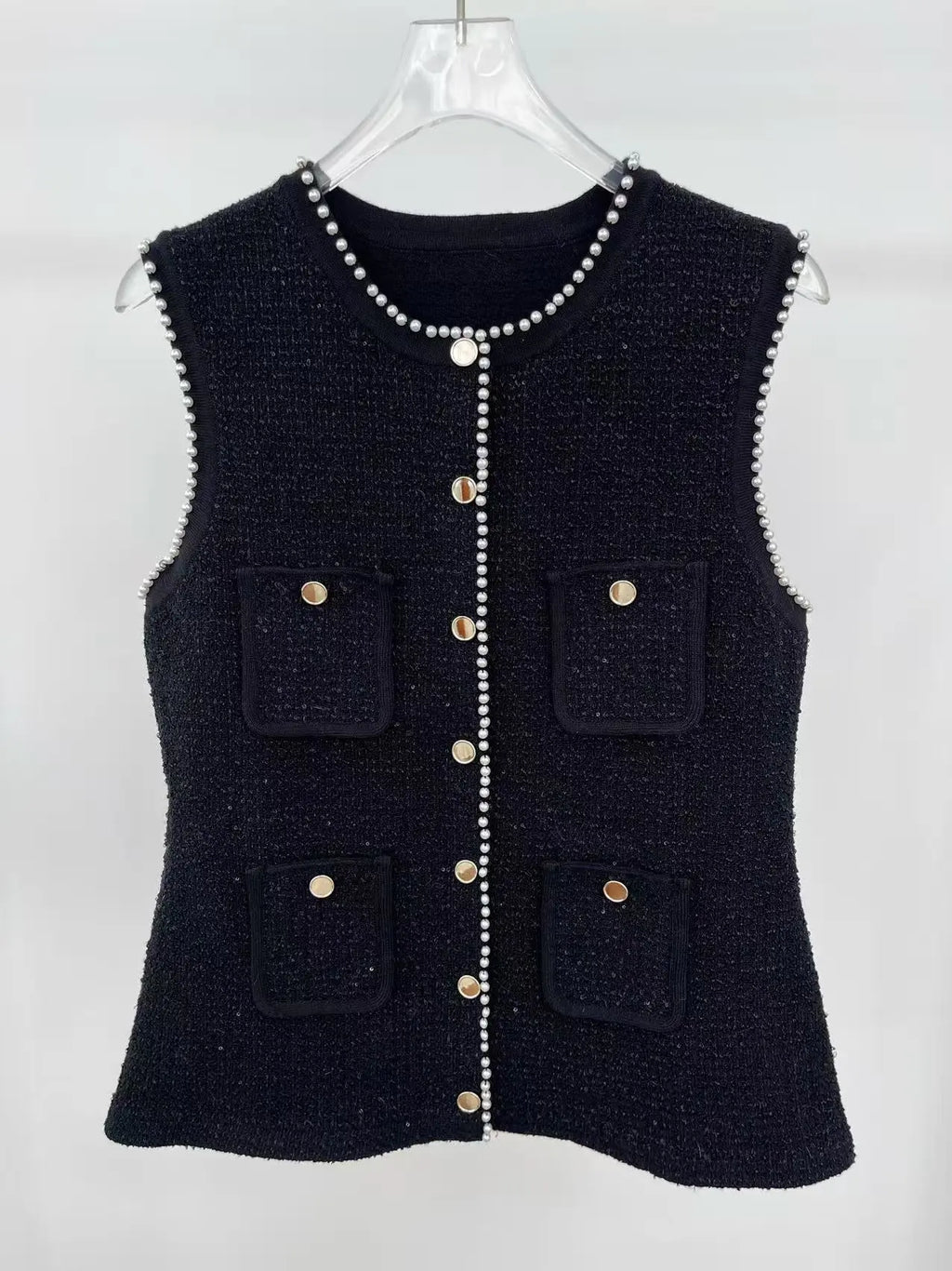 Jody Black Tweed Vest with Pearls embellished Avalabel