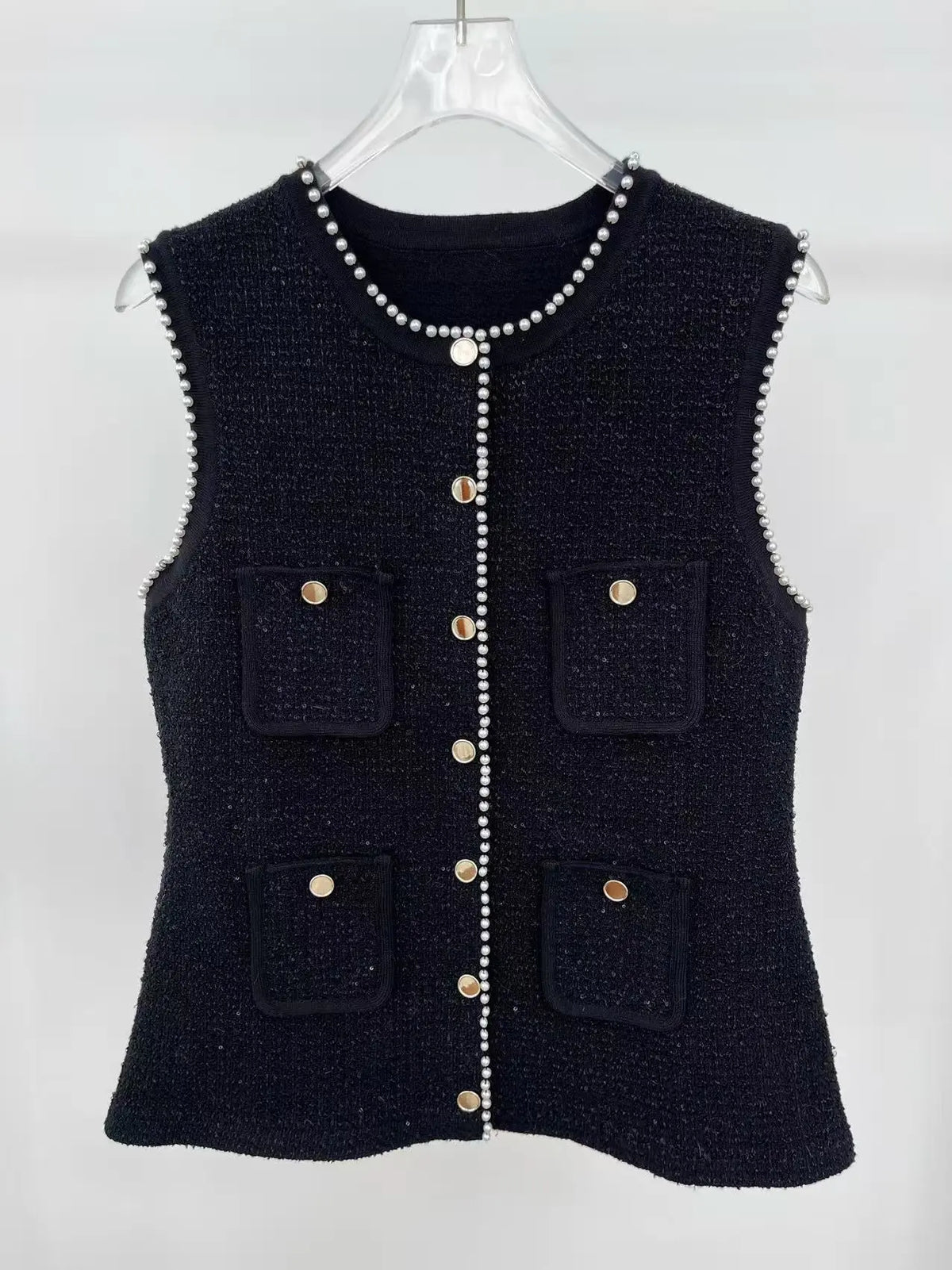 Jody Black Tweed Vest with Pearls embellished Avalabel