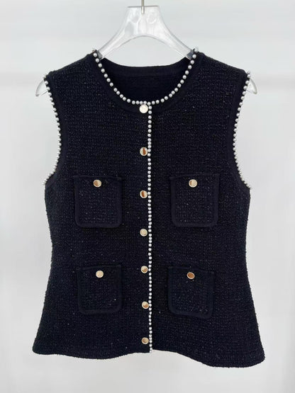 Jody Black Tweed Vest with Pearls embellished