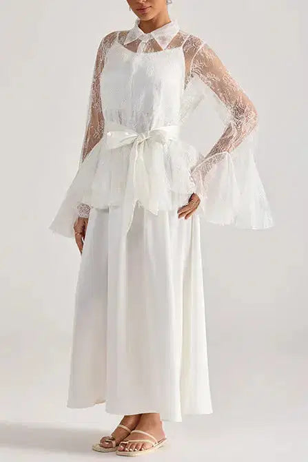 Tiffany White Lace Bell-Sleeve Ruffle Embroidered Top Maxi Skirt Set Avalabel