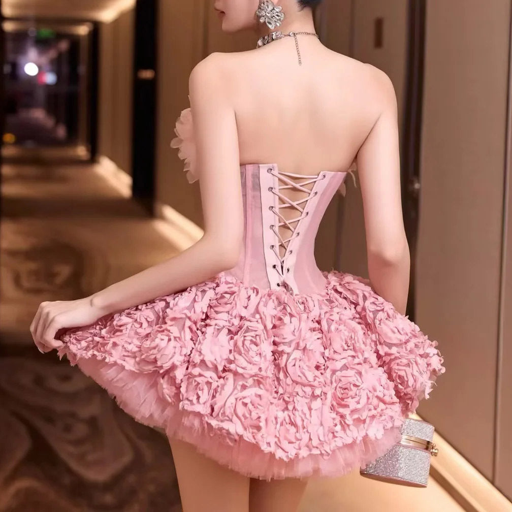 alberta 3d Flower Strapless Mini Dress in pink Avalabel
