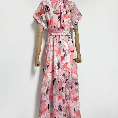 Floral Print Silk Organza Maxi Dress in Pink-Multi
