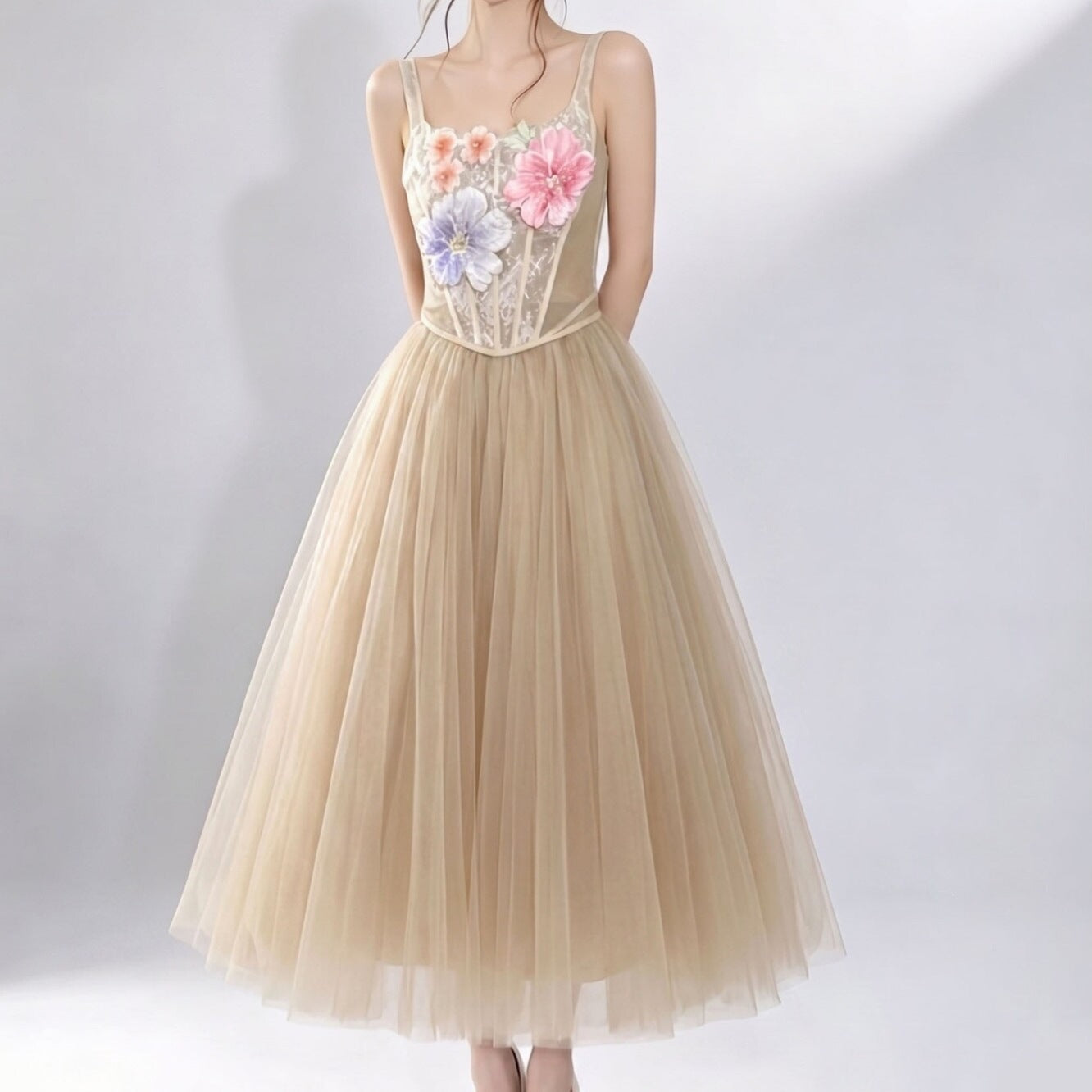 3D Floral Camisole Top & Tulle Skirt Set -  Champagne Avalabel