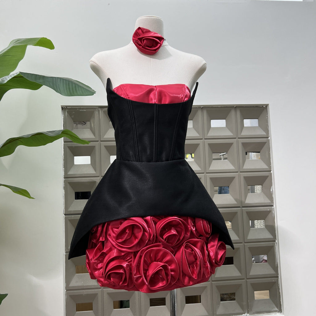 Rose Flower Ruffled Floral Mini Dress in Red Soraya
