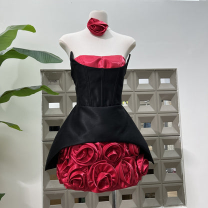 Rose Flower Ruffled Floral Mini Dress in Red