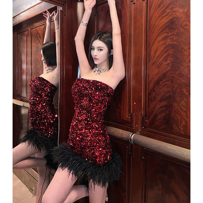 quintina Sequin Feather Strapless mini Dress in red