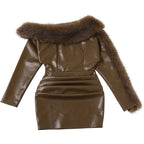 sibyl Leather fur collar asymmetrical mini dress in brown Avalabel