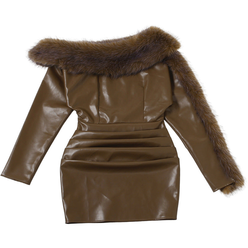 sibyl Leather fur collar asymmetrical mini dress in brown Avalabel
